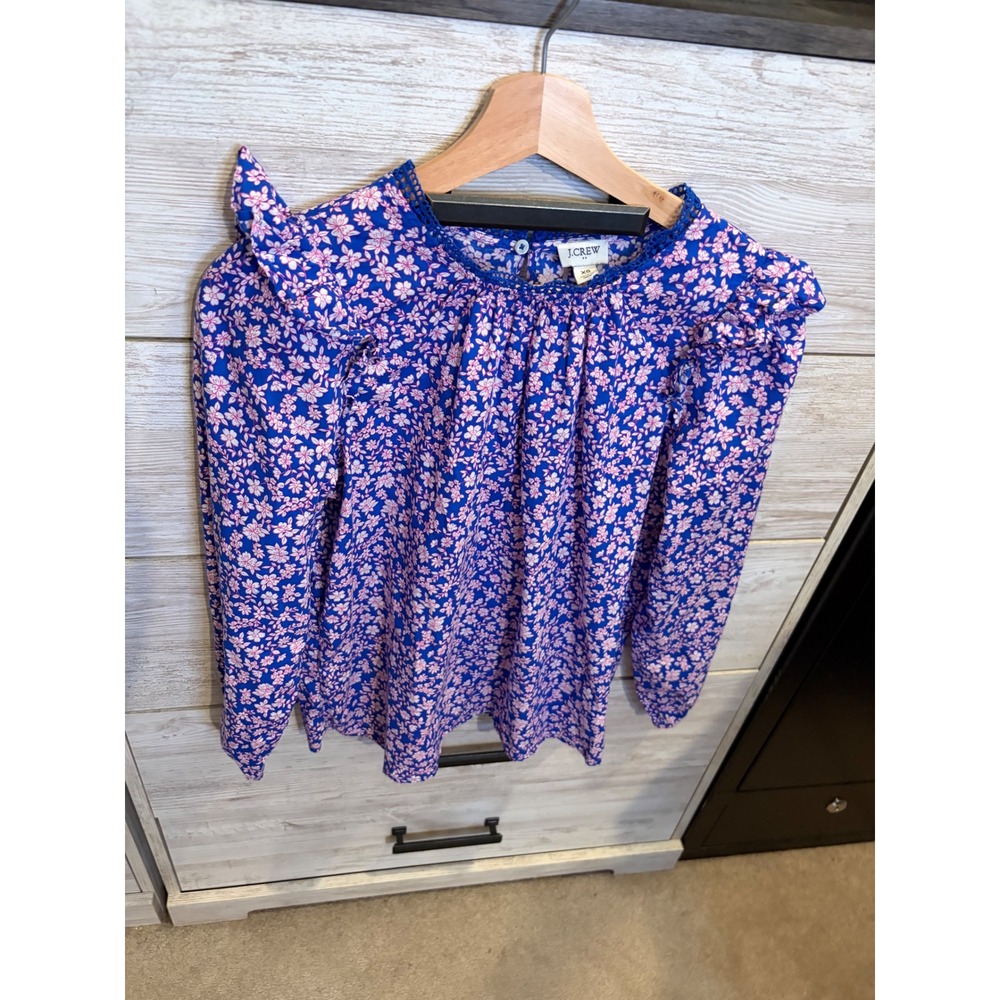 J.Crew Womens Blue Pink Floral Ruffle Shoulder Lace Trim Blouse XS - Picture 2 of 6
